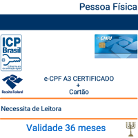 Certificado Pessoa Física  e-CPF A3 - Validade 3 anos + Cartão
