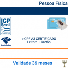 Certificado Pessoa Física  e-CPF A3 - Validade 3 anos + Cartão + Leitora