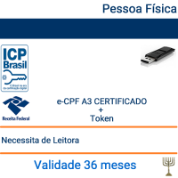 Certificado Pessoa Física  e-CPF A3 - Validade 3 anos + Token